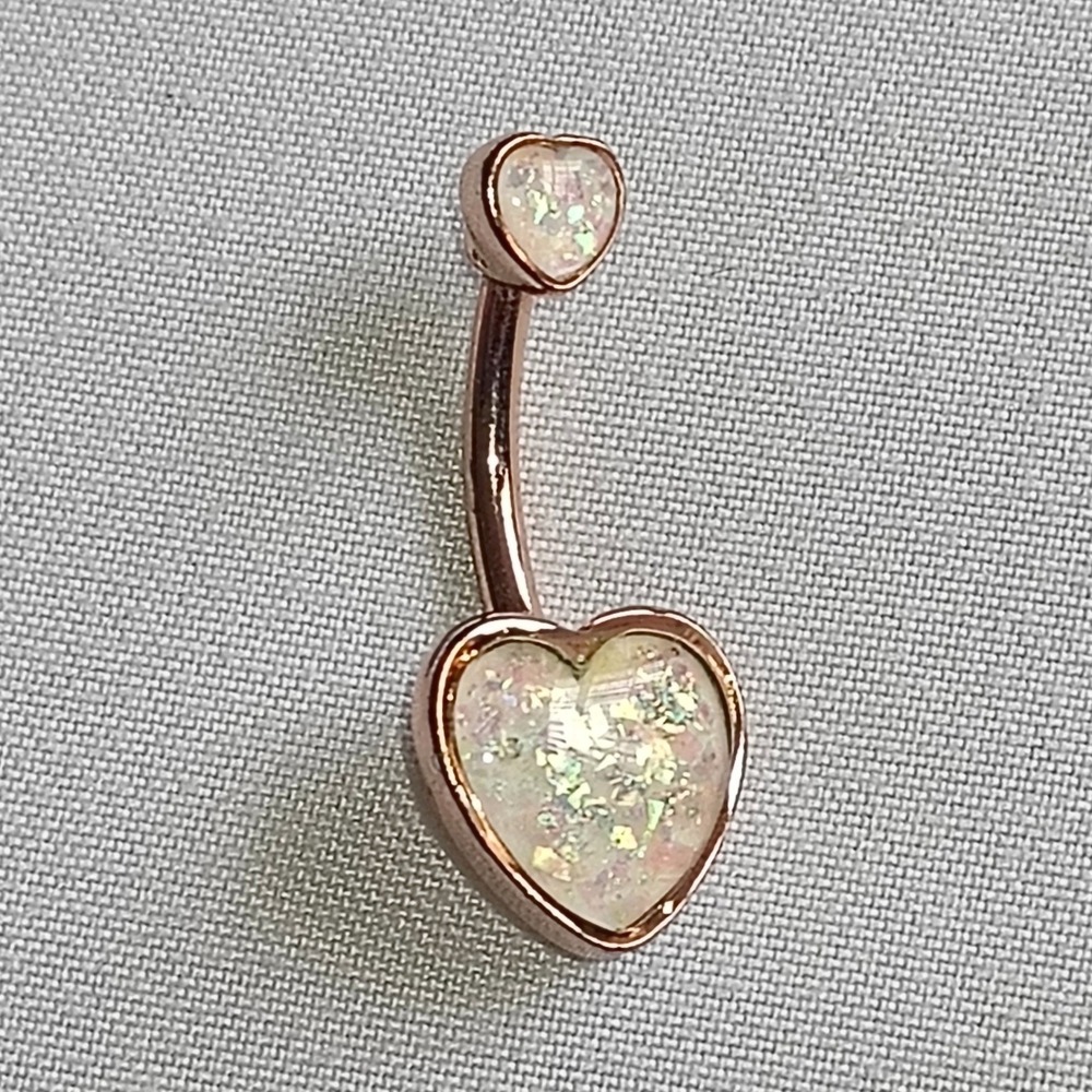 Rose Gold Double Heart Iridescent Belly Button Ring Curved Barbell Body Jewelry